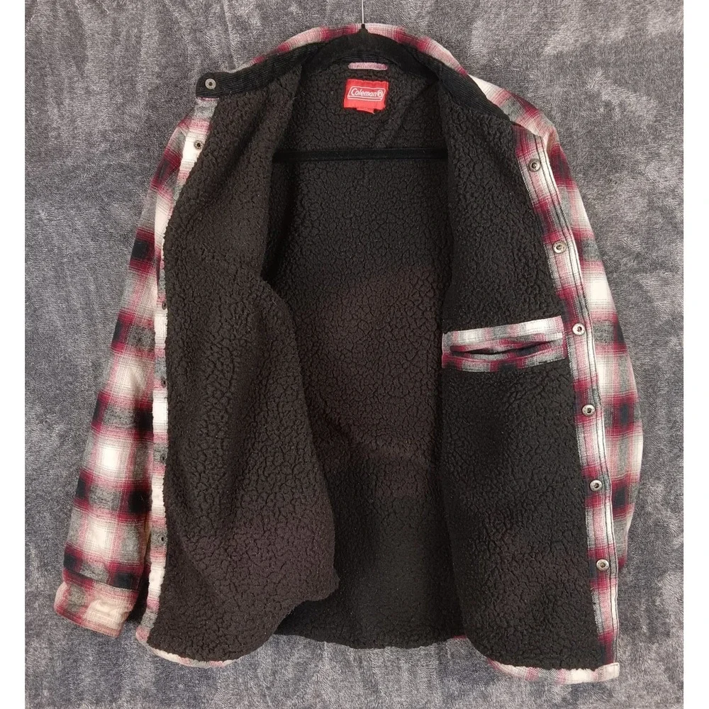 Coleman Vintage Sherpa‎ Lined Shacket Men's Medium Red Plaid Flannel Snaps